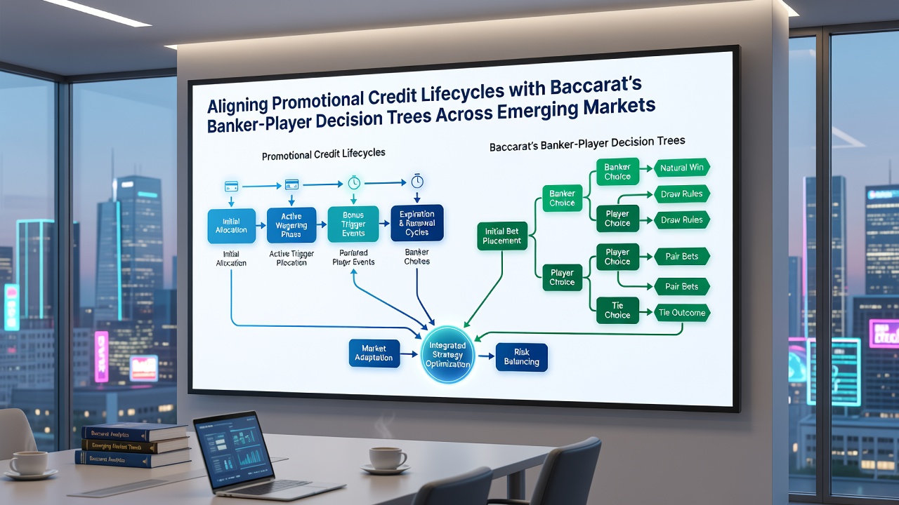 Network diagram illustrating credit lifecycle stages connected to banker-player probability branches in digital baccarat