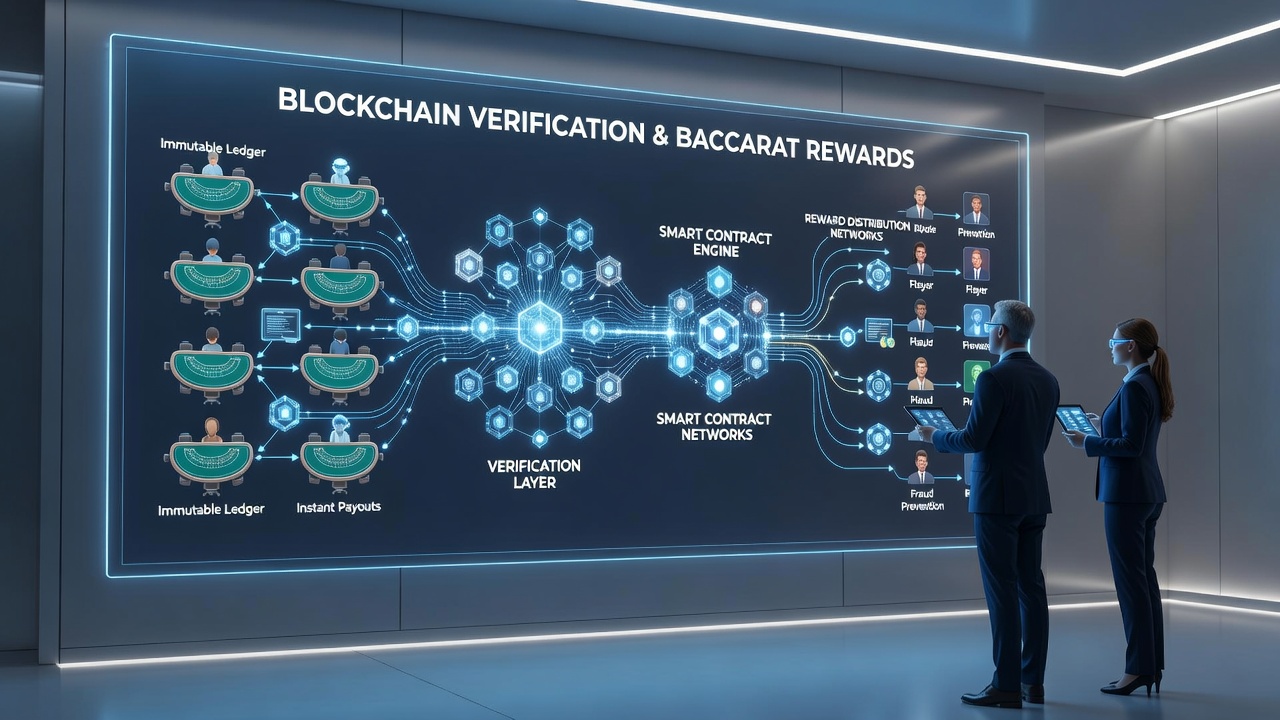 Baccarat players accessing verified reward balances through secure blockchain interfaces at casino terminals