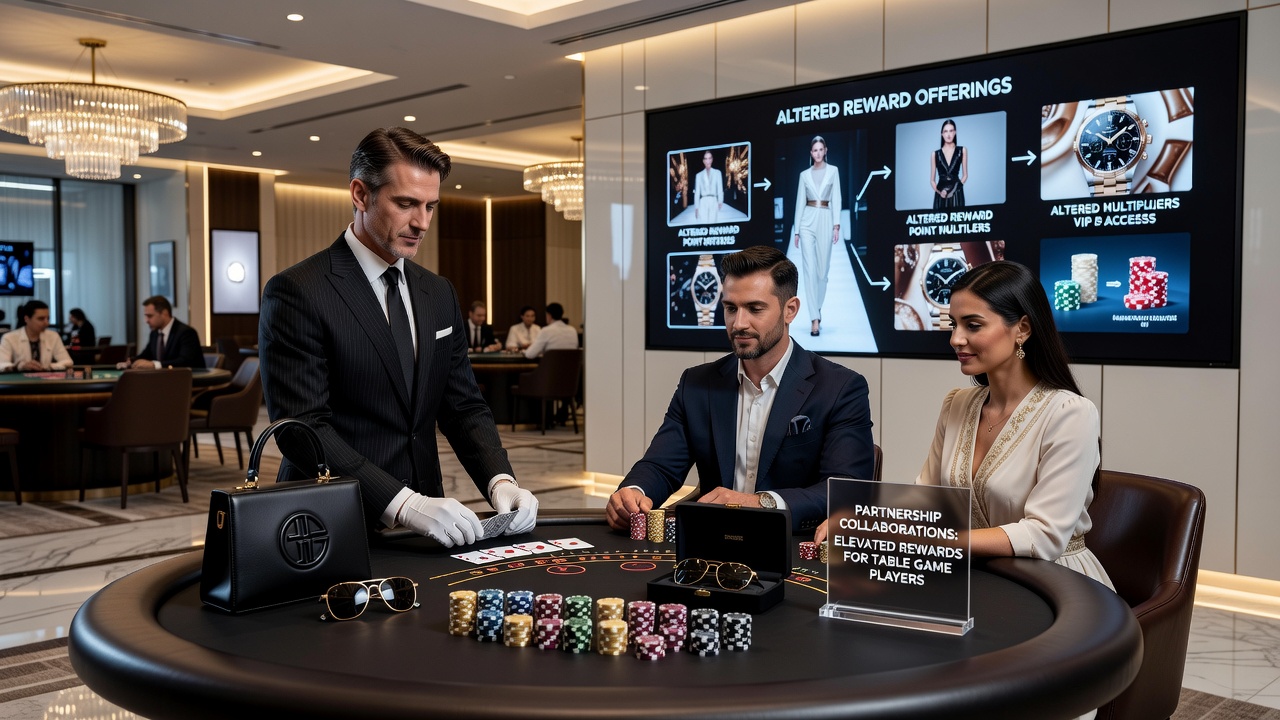Players redeeming fashion rewards at a casino loyalty desk featuring branded merchandise displays