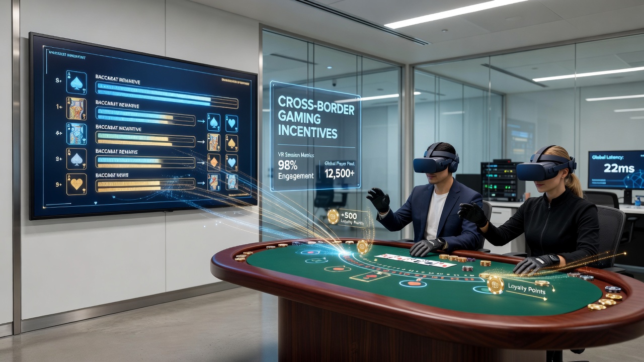 Player avatar interacting with customized baccarat incentive overlays inside a virtual reality table environment
