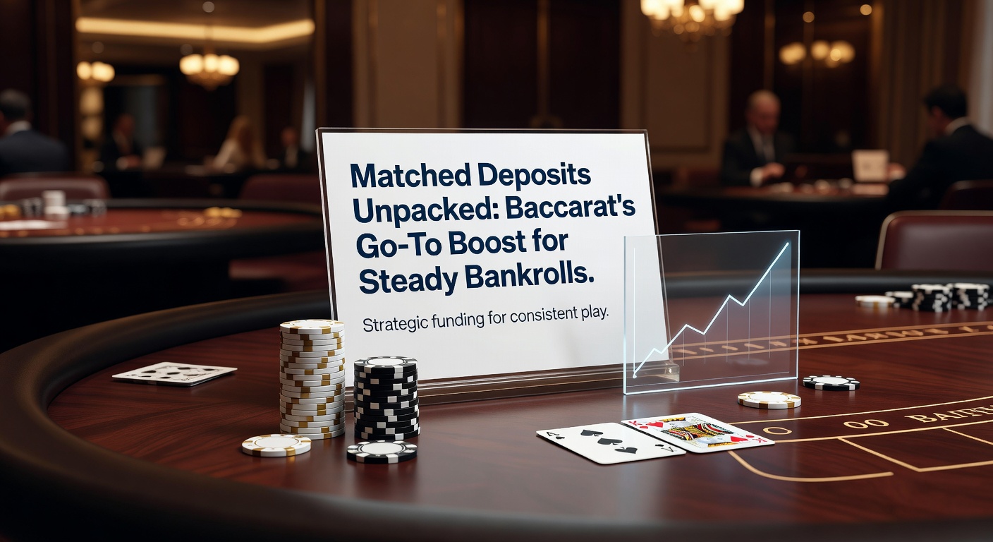 Close-up of a player's hand placing a banker bet amid growing chip stacks, symbolizing bankroll expansion via matched deposit strategies