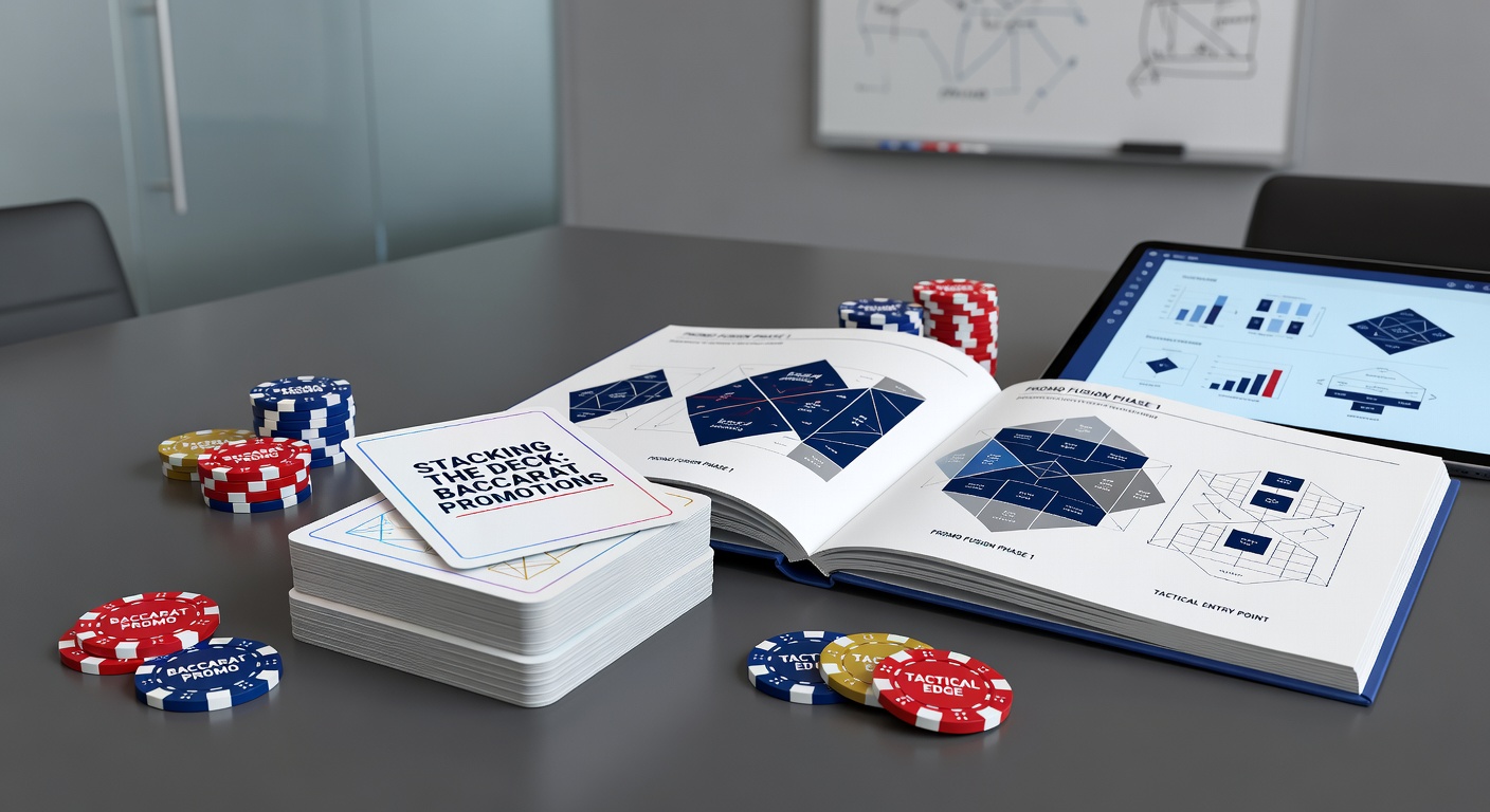 Close-up of a player's hand placing chips on banker bet amid glowing promo screens and strategy notes, capturing the essence of fused promotions and tactics