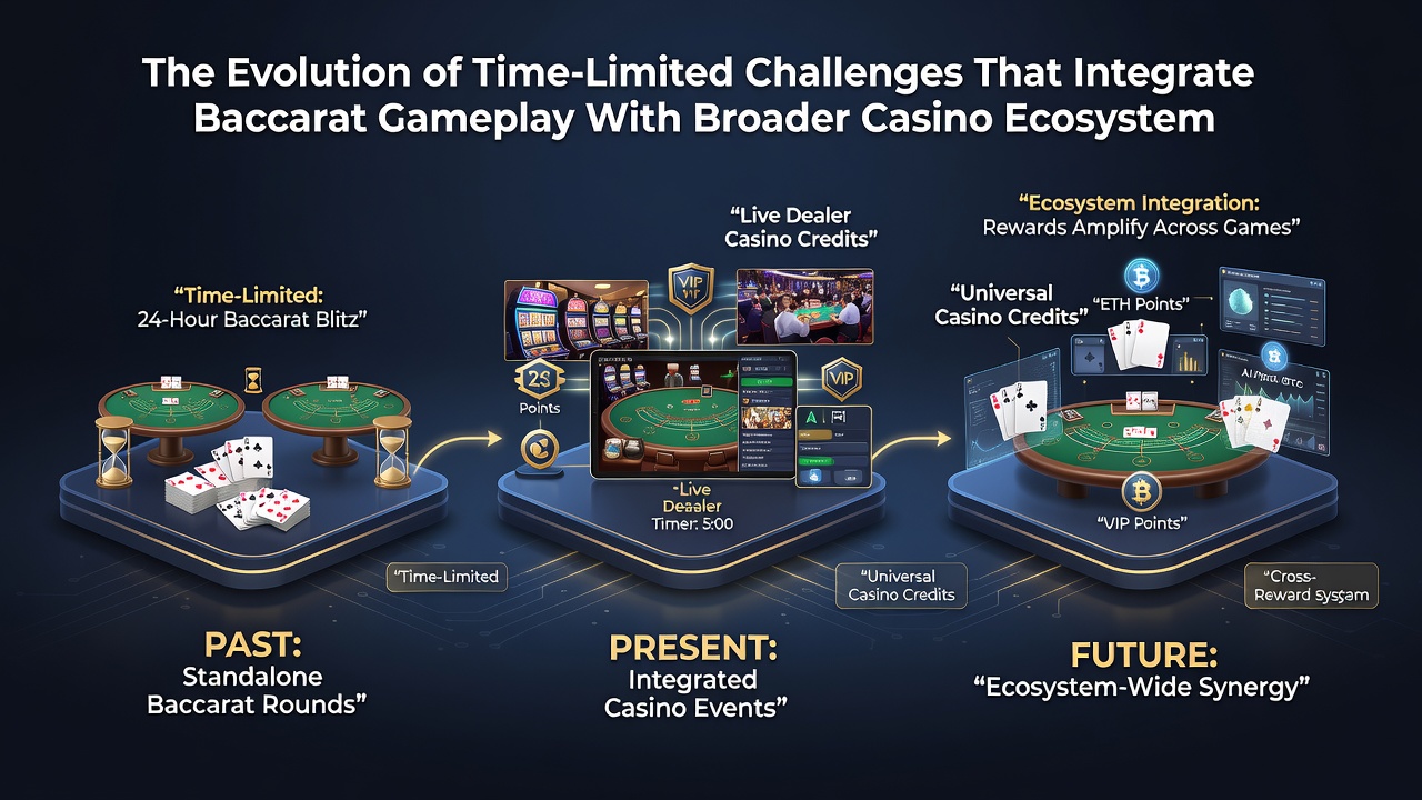 Mobile app interface displaying an active baccarat time-limited challenge with ecosystem reward progress and countdown timer