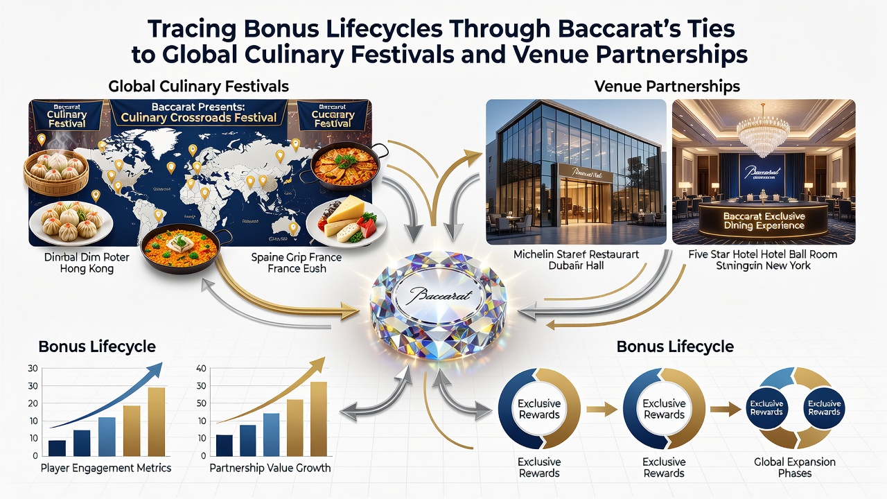 Interior view of a baccarat salon during a culinary festival partnership event with promotional banners and player activity
