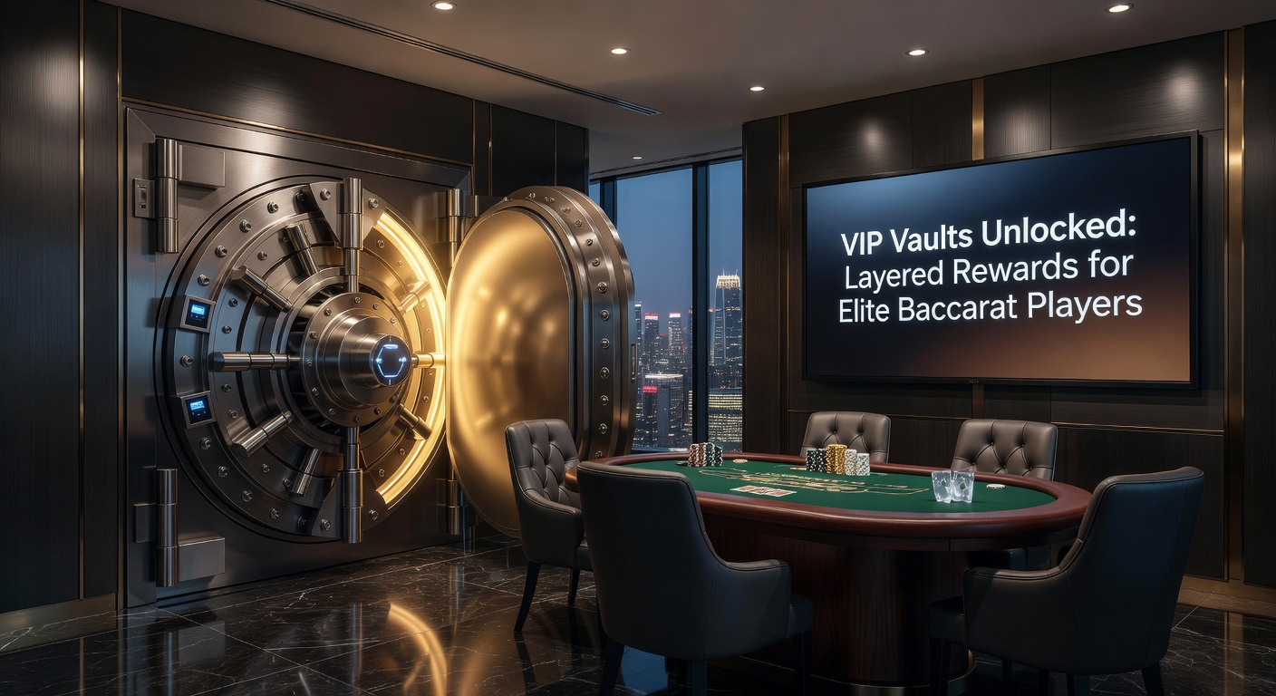 A high-roller at a lavish baccarat table in a VIP salon, surrounded by cascading reward notifications on a tablet displaying unlocked vault levels